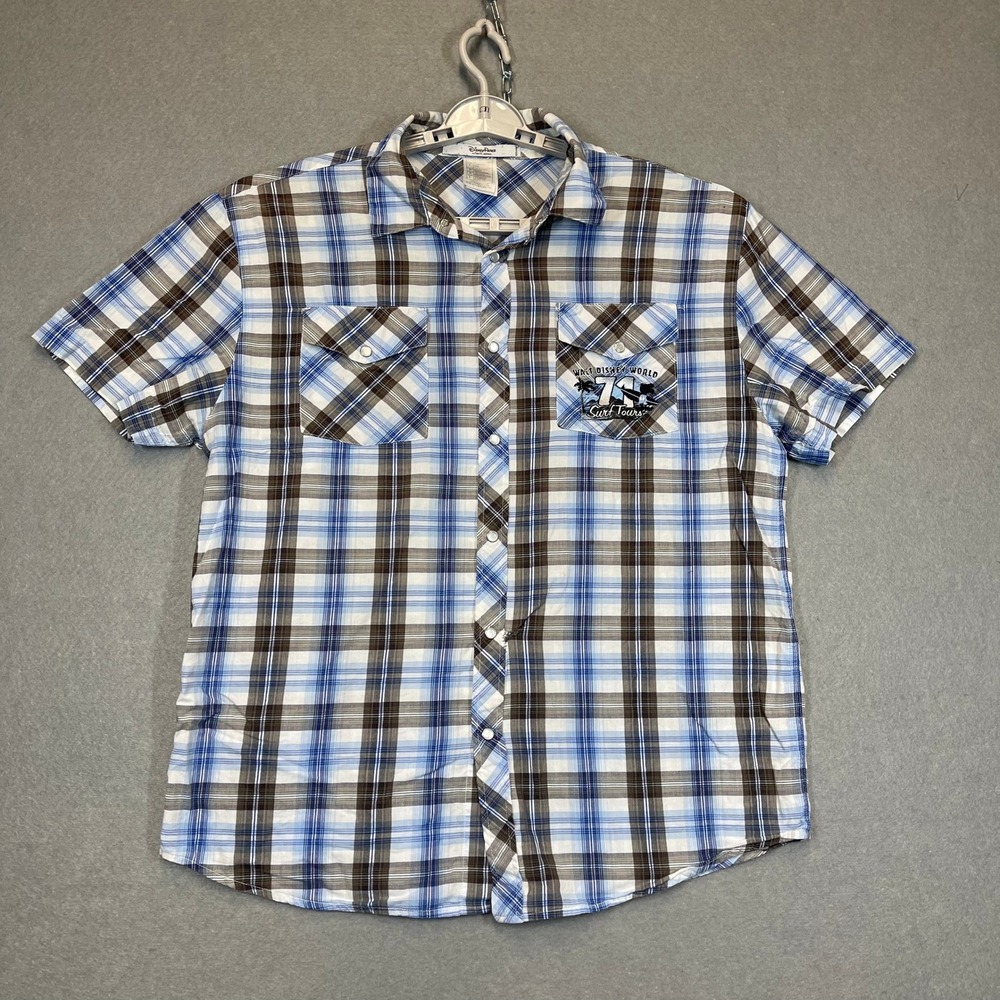 Disney Parks Shirt Mens Large Blue Plaid Western Pearl Snap Surf Tours 71 Cotton